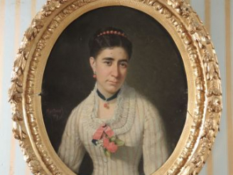 Vente aux enchères 	MONTSERET « Portrait de dame à la parure de corail »	. Huile sur toil