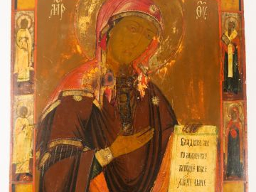 Icône russe XIXème "Sainte Vierge" entourée de quatre saints personnag