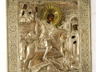 Vente aux enchères Icône russe XIXème "Saint michel terrassant le dragon" Dim. 27 x 22,5 