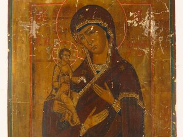 Icône russe XIXème en bois polychrome "Vierge à l'enfant à trois mains