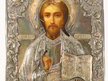 Icône russe XIXème  "Christ en majesté ", rizza en argent Dim. 29 x 24