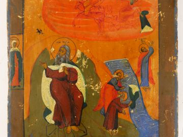 Icône russe XIXème "Saint Prélat entouré de quatre saints personnages"