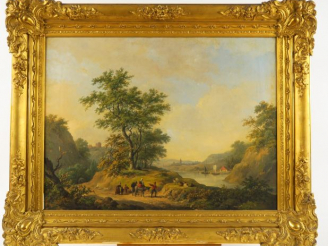 Vente aux enchères Ecole XIXème "Grand paysage animé" Huile sur toile signée en bas à gau