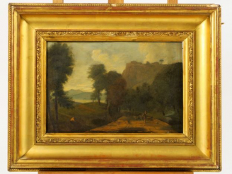 Vente aux enchères Ecole XIXème "Paysage animé" Huile sur zinc Dim. 20 X 29,5 cm