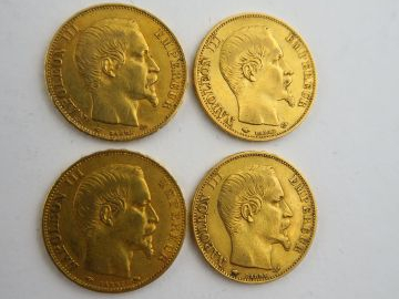 4 pièces Napoléon III or : 1857 A, 1856 A, 1859 A x 2. Frais acheteurs