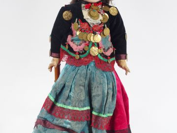 Poupée Fleishmann tête porcelaine, yeux fixes bleus, bouche ouverte ma