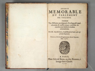 Vente aux enchères CORAS (Jean de). Arrest mémorable du Parlement de Tolose, contenant un