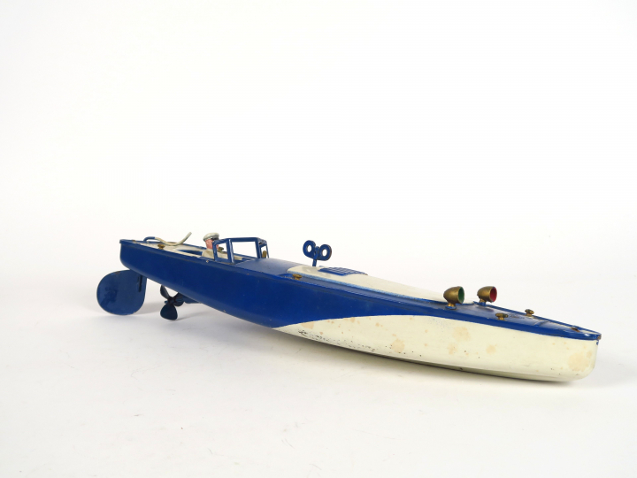 Canot JEP n° 4 ruban bleu, bel état, avec pilote, fonctionnant. Bleu e