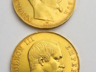 Vente aux enchères 2 pièces de 50 francs or. 1857 et 1858 A