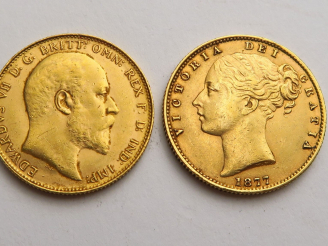 Vente aux enchères 2 souverains or : 1 Victoria 1877 et 1 Edwards VII