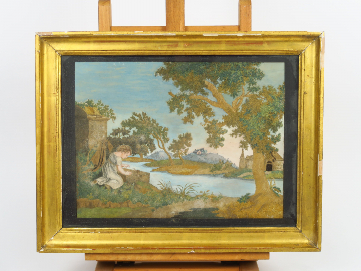 Soie brodée et peinte fin XVIIIème - début XIXème "Jeune enfant à l'es