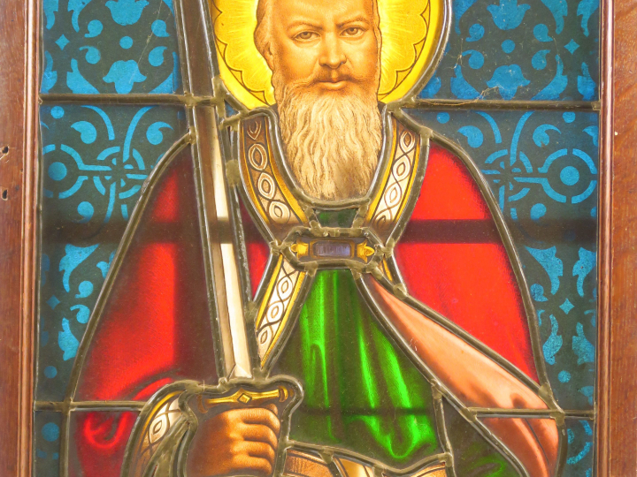 Paire de vitraux XIXème "Saints personnages". 71 x 44 cm