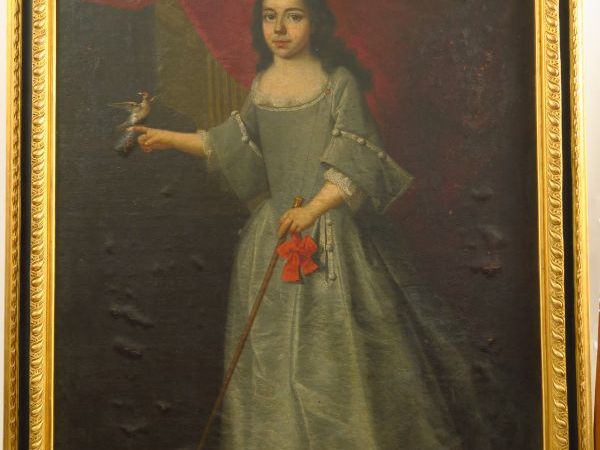 Ecole hollandaise fin XVIIème. "Jeune fille à l'oiseau". Huile sur toi