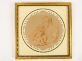 Vente aux enchères Ecole française XIXème "Jeune mère et son enfant" Lithographie.  Diam.