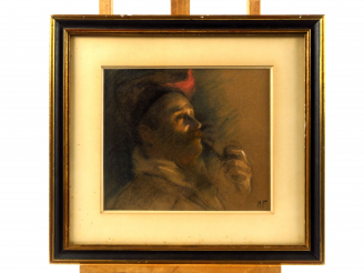 Vente aux enchères Ecole Xxème "Soldat à la pipe" Pastel.  Monogrammé M.F en bas à droite