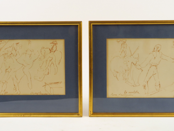 AMBROGIANI "La muleta" et "Avant le paseo". Paire de dessins.  Signés 