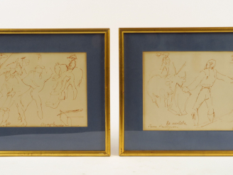 Vente aux enchères AMBROGIANI "La muleta" et "Avant le paseo". Paire de dessins.  Signés 