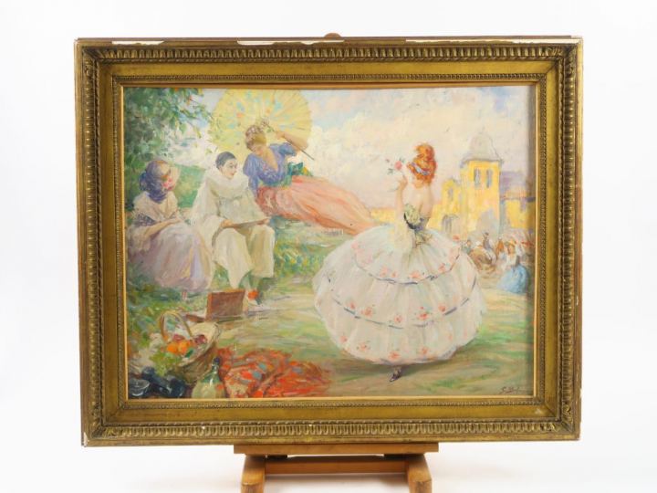 G. BEFANI "Pierrot et ses drôles de dames" Huile sur toile.  Signée en