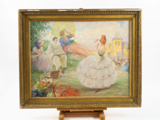 Vente aux enchères G. BEFANI "Pierrot et ses drôles de dames" Huile sur toile.  Signée en