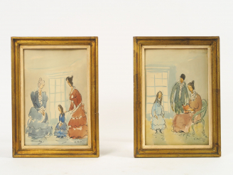 Vente aux enchères E.BELLINI "Le carnet de notes" et "La leçon" Paire d'aquarelles. Signé