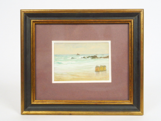 Vente aux enchères Maxime FAIVRE "La plage" Aquarelle.  Signée en bas à droite.  Située e