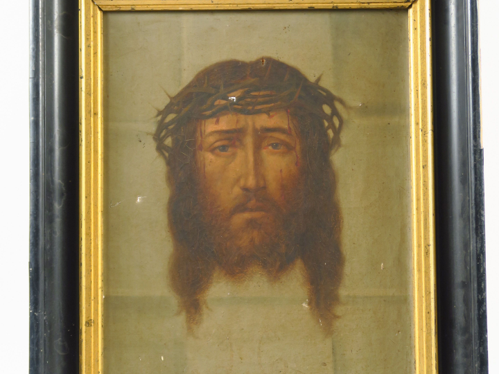 LECLERCQ "Ecce homo" Huile sur toile.  Signée. 48 x 36,5 cm (accidents