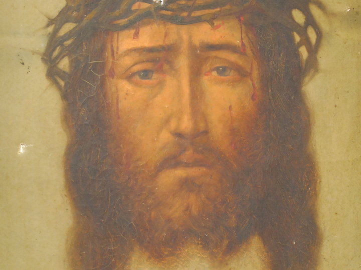LECLERCQ "Ecce homo" Huile sur toile.  Signée. 48 x 36,5 cm (accidents