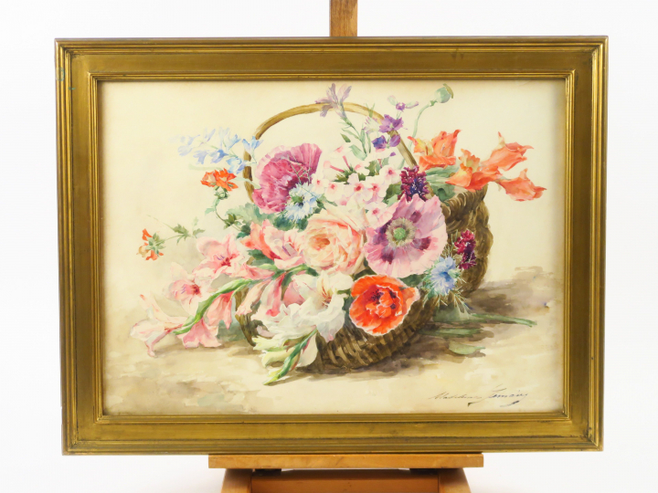 Madeleine LEMAIRE "Bouquet de fleurs dans un panier" Aquarelle. Signée