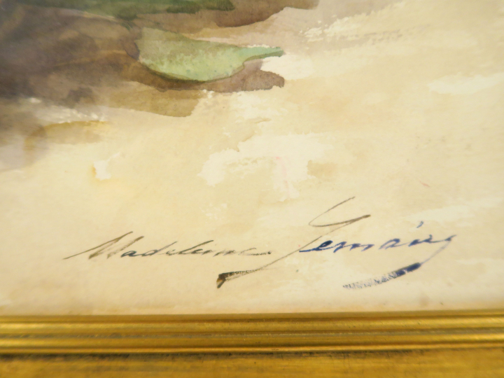 Madeleine LEMAIRE "Bouquet de fleurs dans un panier" Aquarelle. Signée