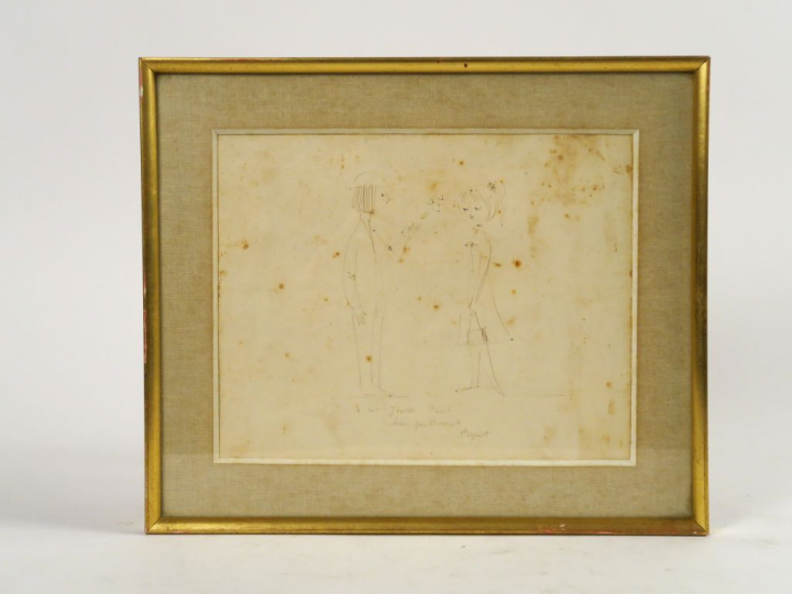 Raymond PEYNET "Le baiser envoyé" Dessin à l'encre.  Signé en bas à dr