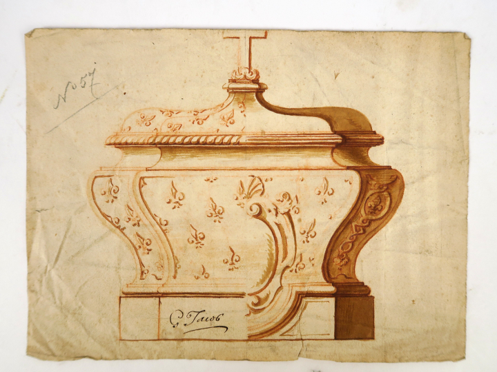 G. JACOB « Projet de reliquaire » Dessin à la sanguine et au lavis. Si
