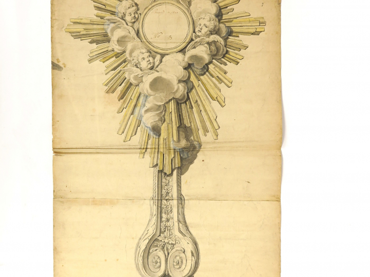 PARAUD orfèvre « Projet d’ostensoir » Dessin au lavis.  Signé. 88 x 41