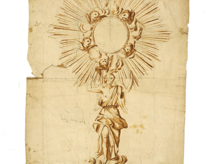 PARAUD orfèvre « Projet d’ostensoir » Dessin au lavis.  Signé. 88 x 41