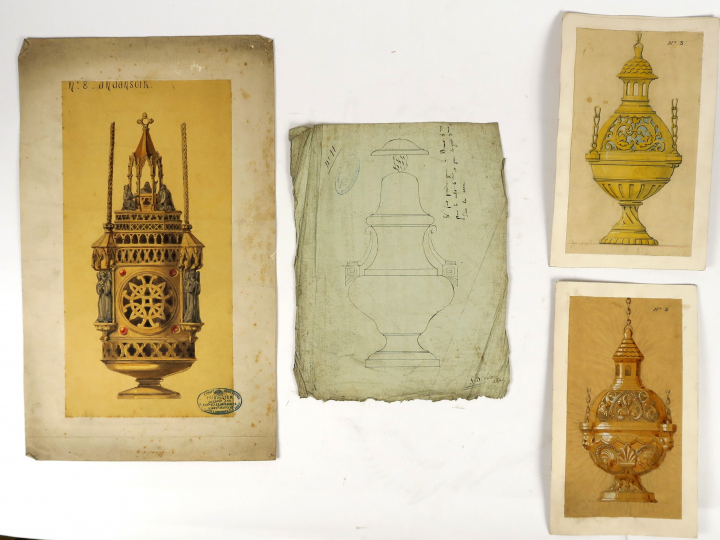 PARAUD orfèvre, « Projets pour des encensoirs » Ensemble de 3 dessins.