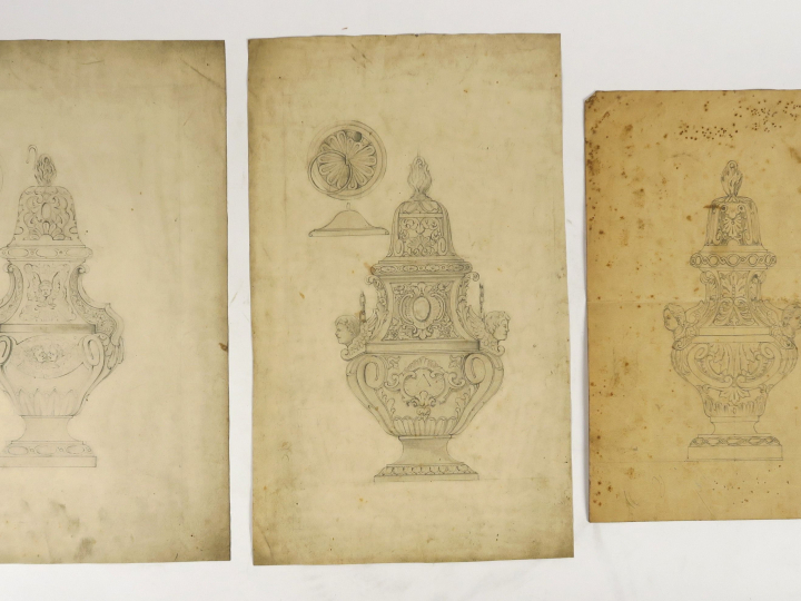 PARAUD orfèvre, « Projets pour des encensoirs » Ensemble de 3 dessins.