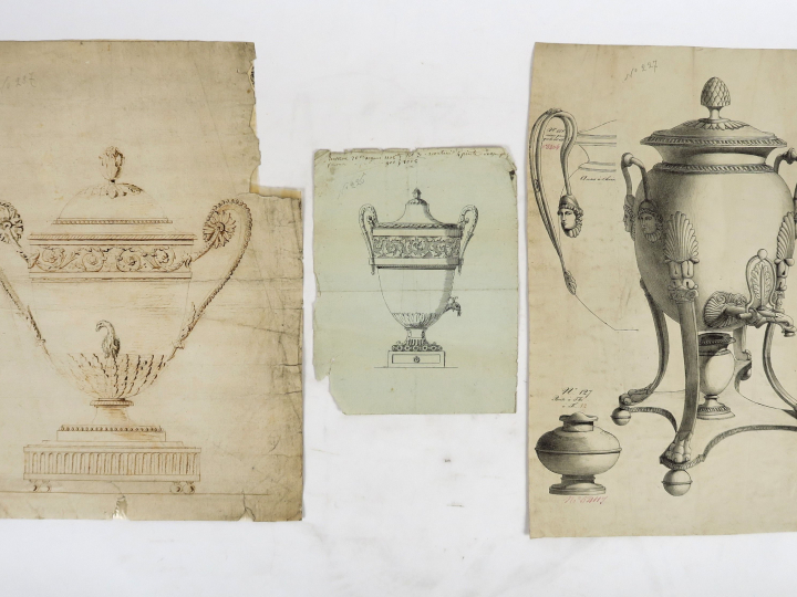 Ecoles françaises XIXème « Projets de fontaines à thé » Ensemble de 9 