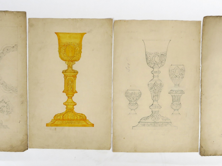 C.TRIOULLIER « Projet pour un calice » Dessin au lavis.  Signé. 37 x 2