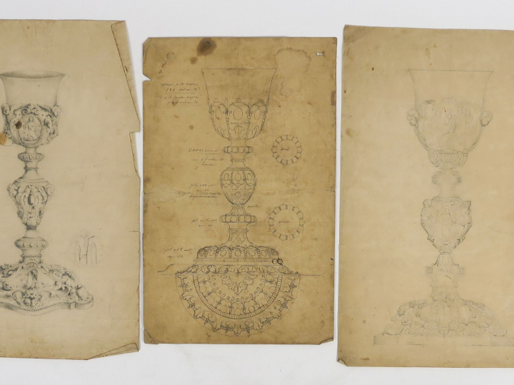 C.TRIOULLIER « Projet pour un calice » Dessin au lavis.  Signé. 37 x 2