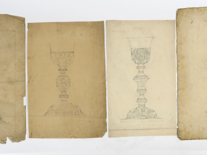C.TRIOULLIER « Projet pour un calice » Dessin au lavis.  Signé. 37 x 2
