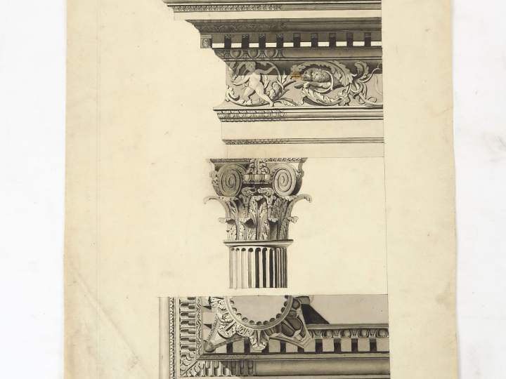 Joseph TRIOULLIER « Projet d’architecture » Dessin au lavis. Signé. 50