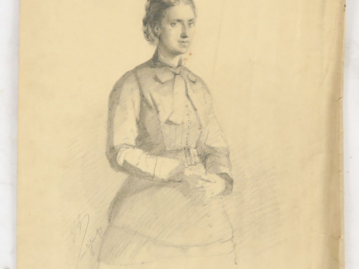 	Ecole française XIXème « Portrait de femme » Dessin. Monogrammé CJG e