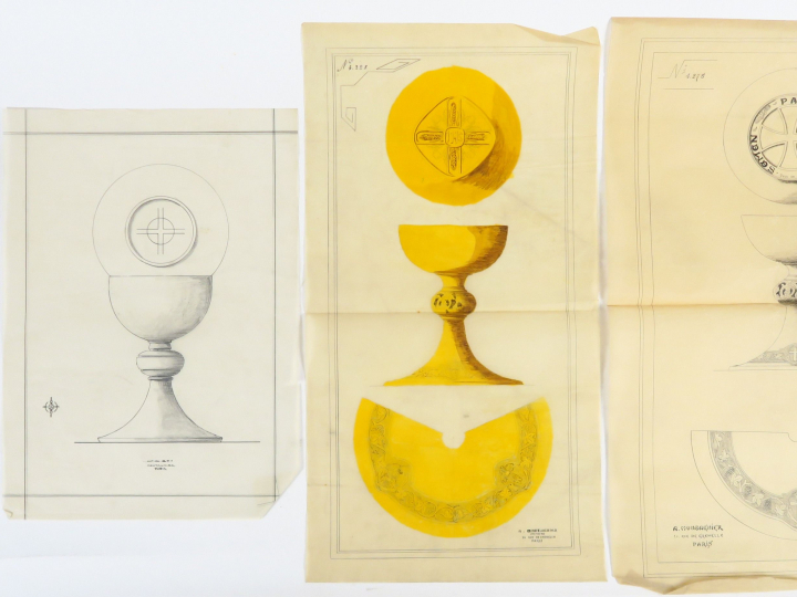 Ecole francaise XXème « Projets pour deux calices et leur patène » Lot