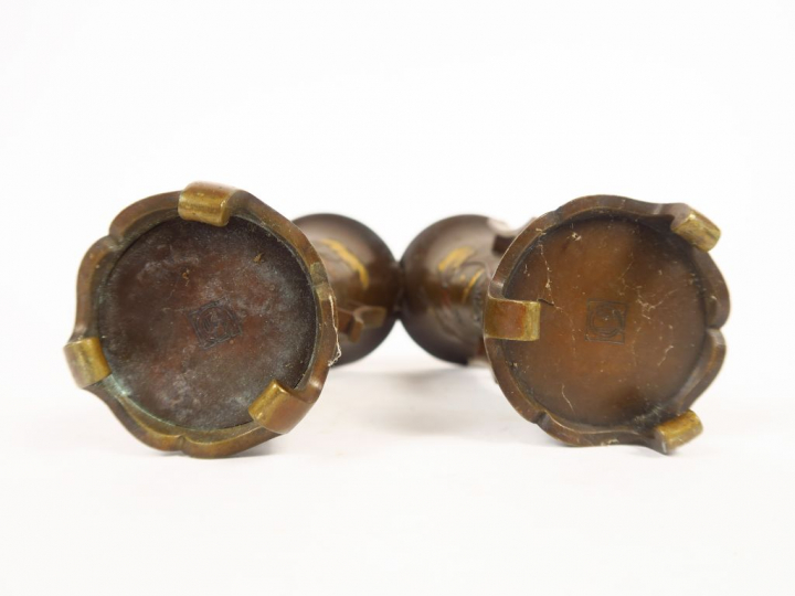 Paire de petits vases cornet en bronze à patine médaille avec un décor