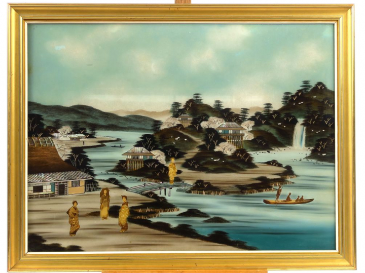 Deux fixés sous verre représentant des scènes animées de personnages (