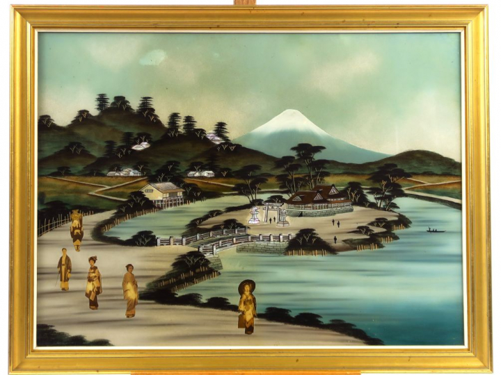 Deux fixés sous verre représentant des scènes animées de personnages (