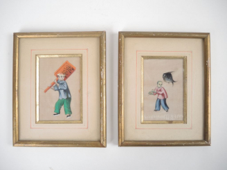 Vente aux enchères Paire de petites huiles sur papier de riz 'enfants' Dim. 11 x 7 cm