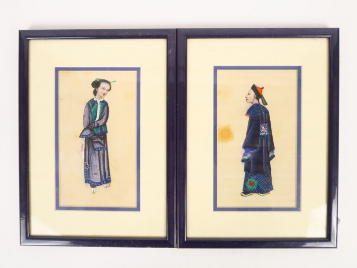 Lot de deux gouaches de Canton sur papier de riz "Mandarin" et "Jeune 