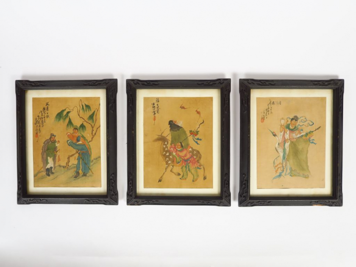 Trois pages d'albums encadrées représentant divers personnages du Tao.