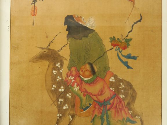 Trois pages d'albums encadrées représentant divers personnages du Tao.