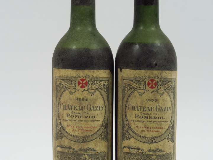 2 BOUTEILLES CHÂTEAU GAZIN POMEROL - 1955 - BEP/BS/1 CAPS CORRODEE